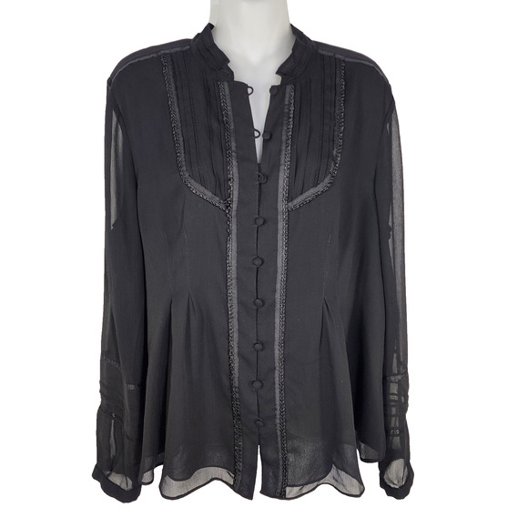 Coldwater Creek Shirt Large Black Chiffon Pleated Romantic Button Cottagecore - Picture 1 of 11